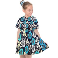 Blue Flower Floral Flora Naure Pattern Kids  Sailor Dress by Cemarart