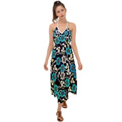 Blue Flower Floral Flora Naure Pattern Halter Tie Back Dress  by Cemarart