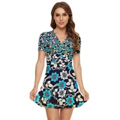 Blue Flower Floral Flora Naure Pattern V-neck High Waist Chiffon Mini Dress by Cemarart