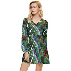 Digital Art Fractal Abstract Artwork 3d Floral Pattern Waves Vortex Sphere Nightmare Tiered Long Sleeve Mini Dress