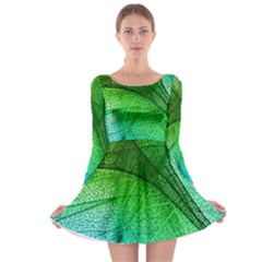 3d Leaves Texture Sheet Blue Green Long Sleeve Skater Dress