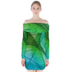 3d Leaves Texture Sheet Blue Green Long Sleeve Off Shoulder Dress by Cemarart