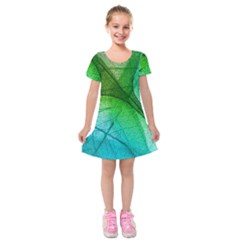 3d Leaves Texture Sheet Blue Green Kids  Short Sleeve Velvet Dress