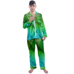 3d Leaves Texture Sheet Blue Green Men s Long Sleeve Satin Pajamas Set