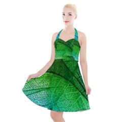3d Leaves Texture Sheet Blue Green Halter Party Swing Dress  by Cemarart