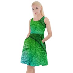 3d Leaves Texture Sheet Blue Green Knee Length Skater Dress With Pockets by Cemarart