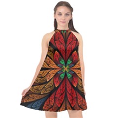 Fractal Floral Flora Ring Colorful Neon Art Halter Neckline Chiffon Dress 