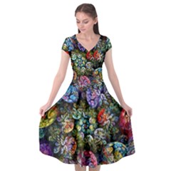 Floral Fractal 3d Art Pattern Cap Sleeve Wrap Front Dress