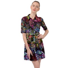 Floral Fractal 3d Art Pattern Belted Shirt Dress by Cemarart