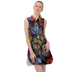 Floral Fractal 3d Art Pattern Sleeveless Shirt Dress by Cemarart