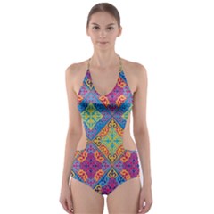 Colorful Flora Flora Kazakh Pattern Cut-out One Piece Swimsuit