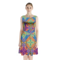 Colorful Flora Flora Kazakh Pattern Sleeveless Waist Tie Chiffon Dress