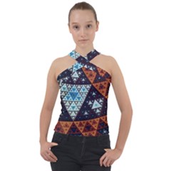 Fractal Triangle Geometric Abstract Pattern Cross Neck Velour Top