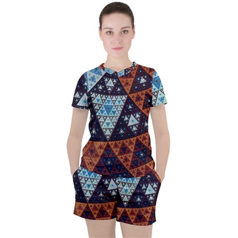 Fractal Triangle Geometric Abstract Pattern Women s T-shirt And Shorts Set by Cemarart