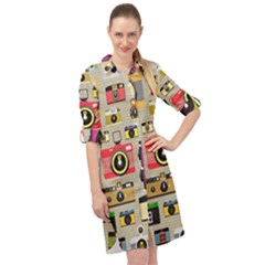 Retro Camera Pattern Graph Long Sleeve Mini Shirt Dress by Bedest