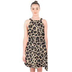 Leopard Animal Skin Patern Halter Collar Waist Tie Chiffon Dress