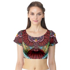 Colorful Owl Art Red Owl Short Sleeve Crop Top