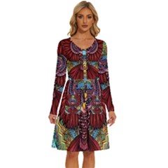 Colorful Owl Art Red Owl Long Sleeve Dress With Pocket by Bedest