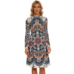 Floral Pattern Flowers Long Sleeve Shirt Collar A-line Dress