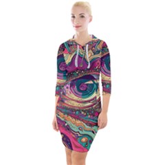 Human Eye Pattern Quarter Sleeve Hood Bodycon Dress