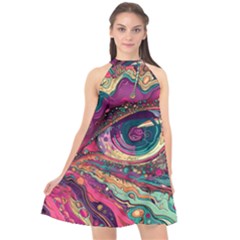 Human Eye Pattern Halter Neckline Chiffon Dress 