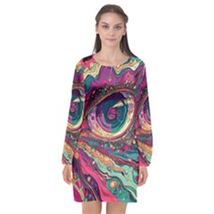 Human Eye Pattern Long Sleeve Chiffon Shift Dress 