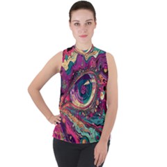 Human Eye Pattern Mock Neck Chiffon Sleeveless Top