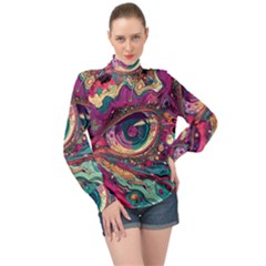 Human Eye Pattern High Neck Long Sleeve Chiffon Top