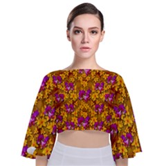 Blooming Flowers Of Orchid Paradise Tie Back Butterfly Sleeve Chiffon Top