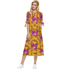 Blooming Flowers Of Orchid Paradise Bow Sleeve Chiffon Midi Dress