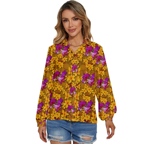 Blooming Flowers Of Orchid Paradise Women s Long Sleeve Button Up Shirt by pepitasart