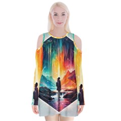 Starry Night Wanderlust: A Whimsical Adventure Velvet Long Sleeve Shoulder Cutout Dress by stine1