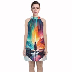 Starry Night Wanderlust: A Whimsical Adventure Velvet Halter Neckline Dress  by stine1