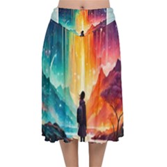 Starry Night Wanderlust: A Whimsical Adventure Velvet Flared Midi Skirt by stine1