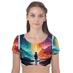 Starry Night Wanderlust: A Whimsical Adventure Velvet Short Sleeve Crop Top 