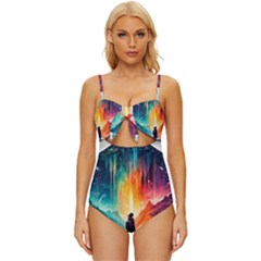 Starry Night Wanderlust: A Whimsical Adventure Knot Front One-piece Swimsuit by stine1