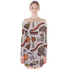 Halloween Doodle Autumn Pumpkin Long Sleeve Off Shoulder Dress by Bedest