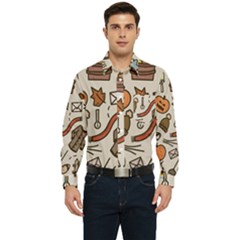 Halloween Doodle Autumn Pumpkin Men s Long Sleeve Pocket Shirt 