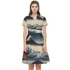 Hokusai Moutains Japan Short Sleeve Waist Detail Dress by Bedest