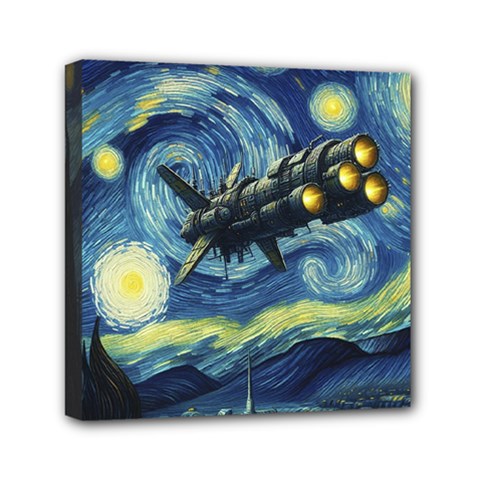 Spaceship Starry Night Van Gogh Painting Mini Canvas 6  X 6  (stretched)