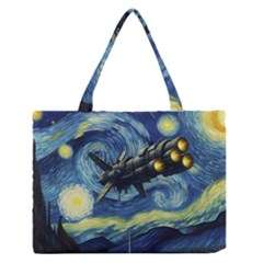 Spaceship Starry Night Van Gogh Painting Zipper Medium Tote Bag