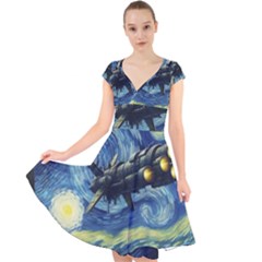 Spaceship Starry Night Van Gogh Painting Cap Sleeve Front Wrap Midi Dress