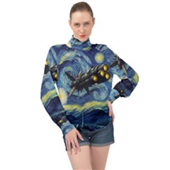 Spaceship Starry Night Van Gogh Painting High Neck Long Sleeve Chiffon Top