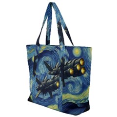 Spaceship Starry Night Van Gogh Painting Zip Up Canvas Bag