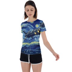 Spaceship Starry Night Van Gogh Painting Back Circle Cutout Sports T-shirt