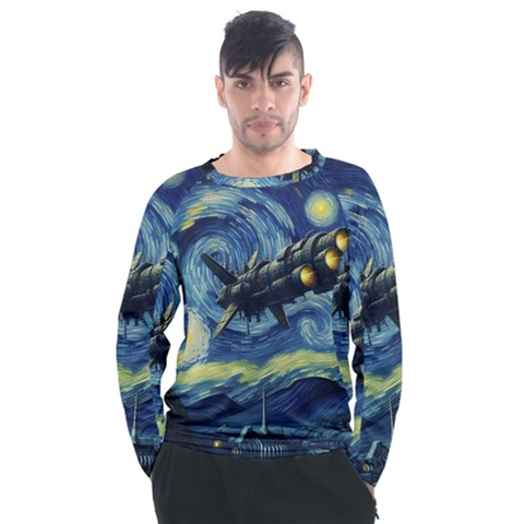 Spaceship Starry Night Van Gogh Painting Men s Long Sleeve Raglan T-shirt by Maspions