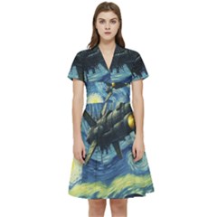 Spaceship Starry Night Van Gogh Painting Short Sleeve Waist Detail Dress