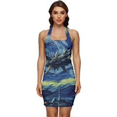 Spaceship Starry Night Van Gogh Painting Sleeveless Wide Square Neckline Ruched Bodycon Dress