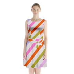 Lines Geometric Background Sleeveless Waist Tie Chiffon Dress