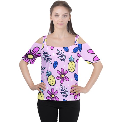 Flowers Petals Pineapples Fruit Cutout Shoulder T-shirt by Maspions
